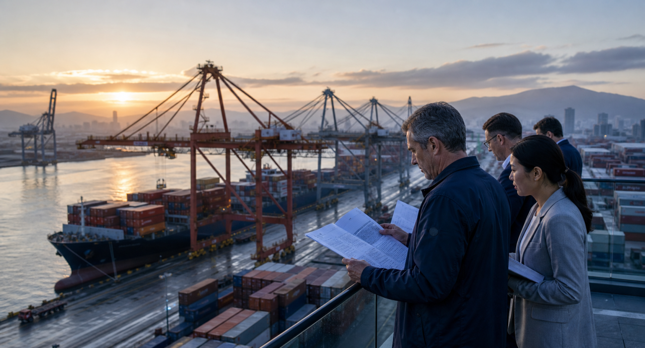 Commercial port and logistics planners at dawn