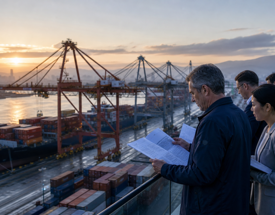 Commercial port and logistics planners at dawn